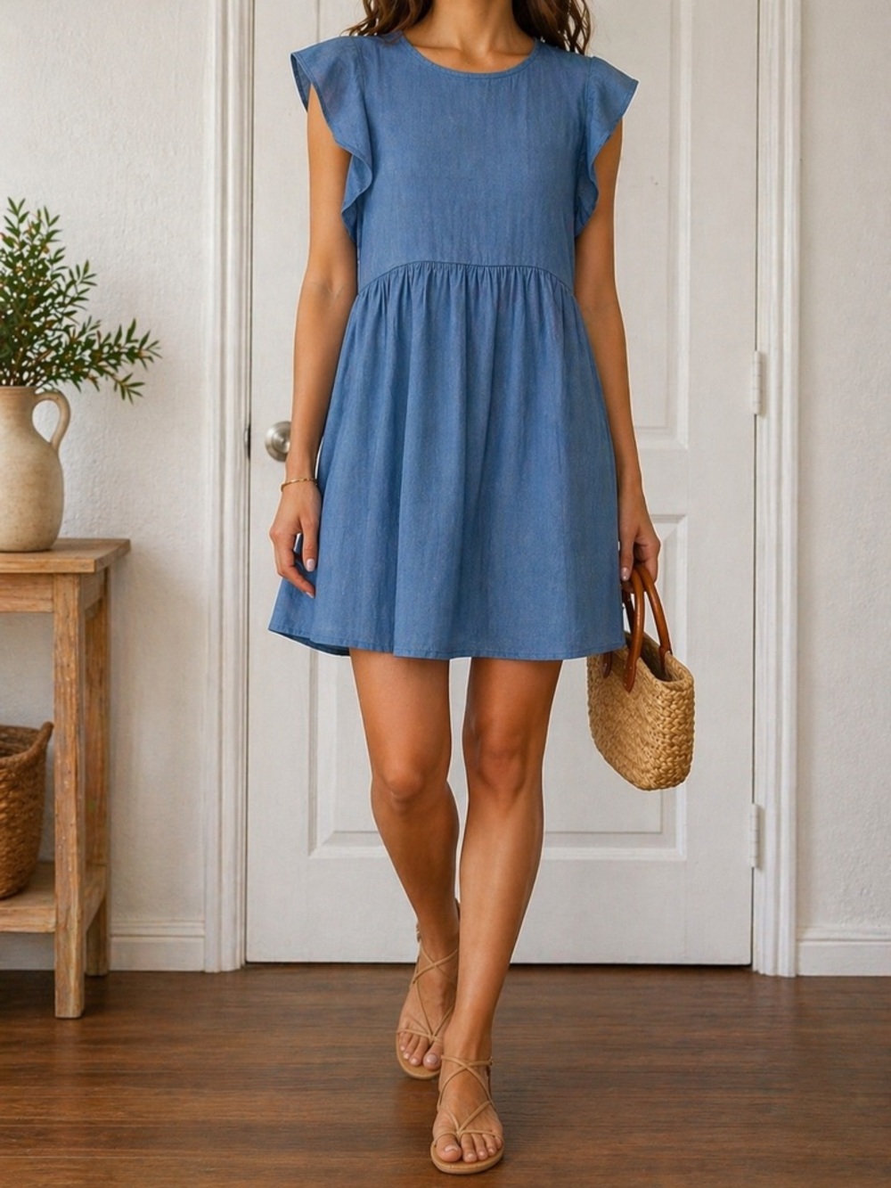 Blue Casual Ruffle Sleeve Mini Dress